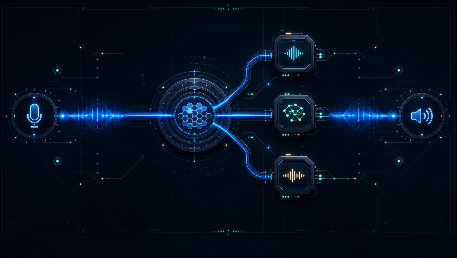 Abstract illustration of one VoxRouter voice turn traveling from microphone through the router, speech recognition, agent, and speech synthesis before returning as audio.
