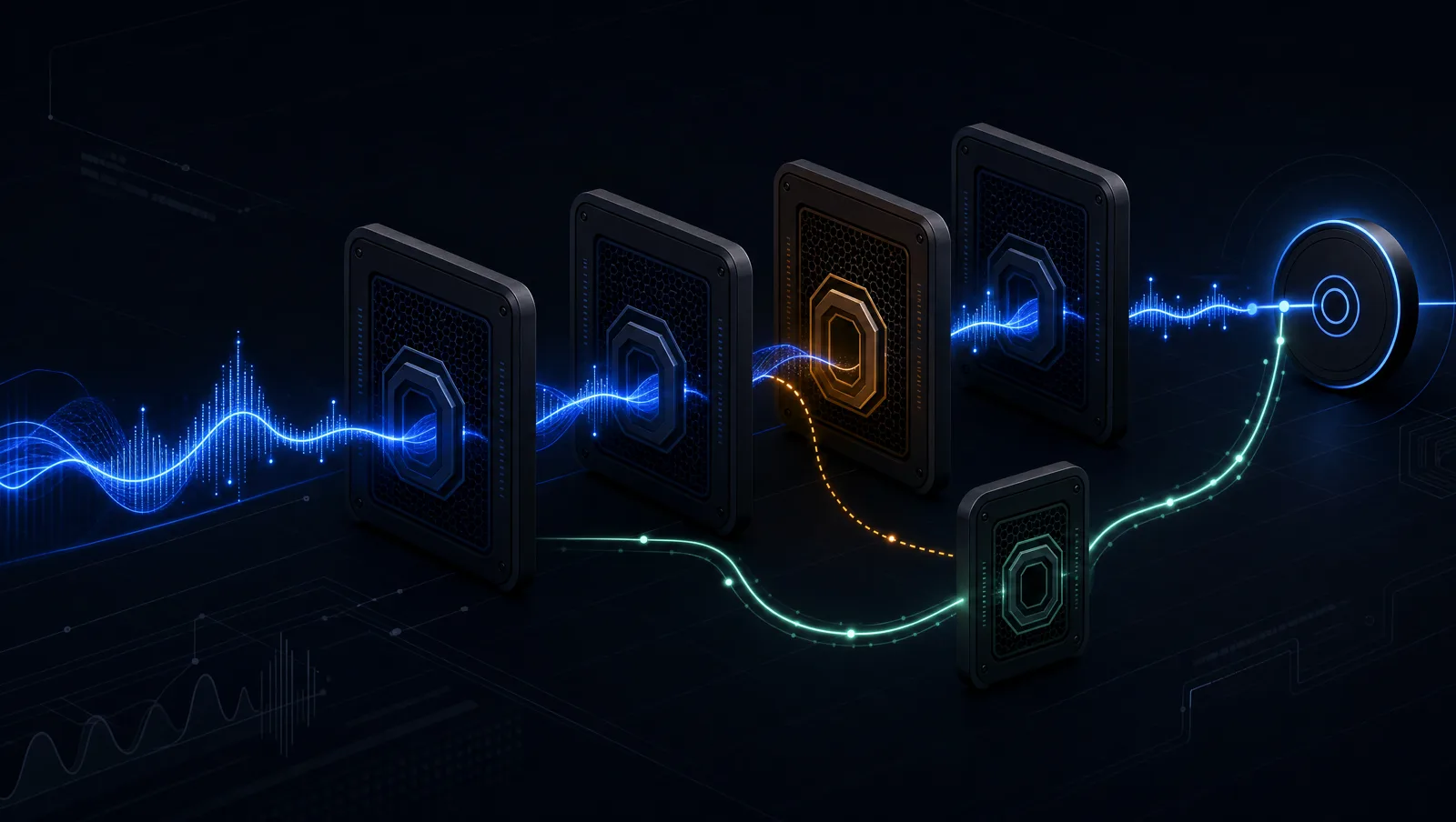 Abstract illustration of a cobalt voice signal bypassing an amber provider gate and continuing along a mint rescue path.