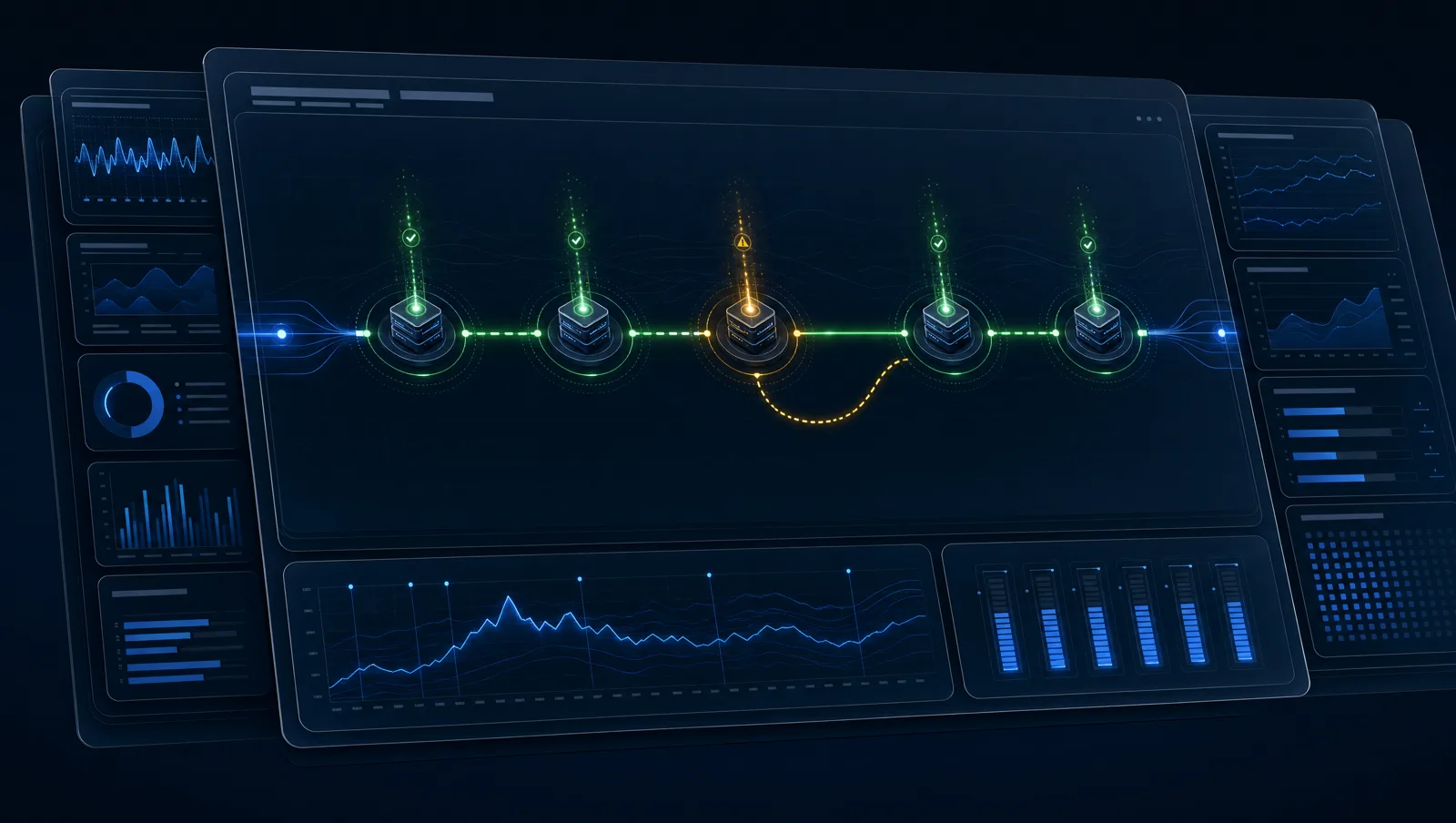 Abstract observability scene showing a routed voice trace moving through glowing provider nodes and fallback signals.