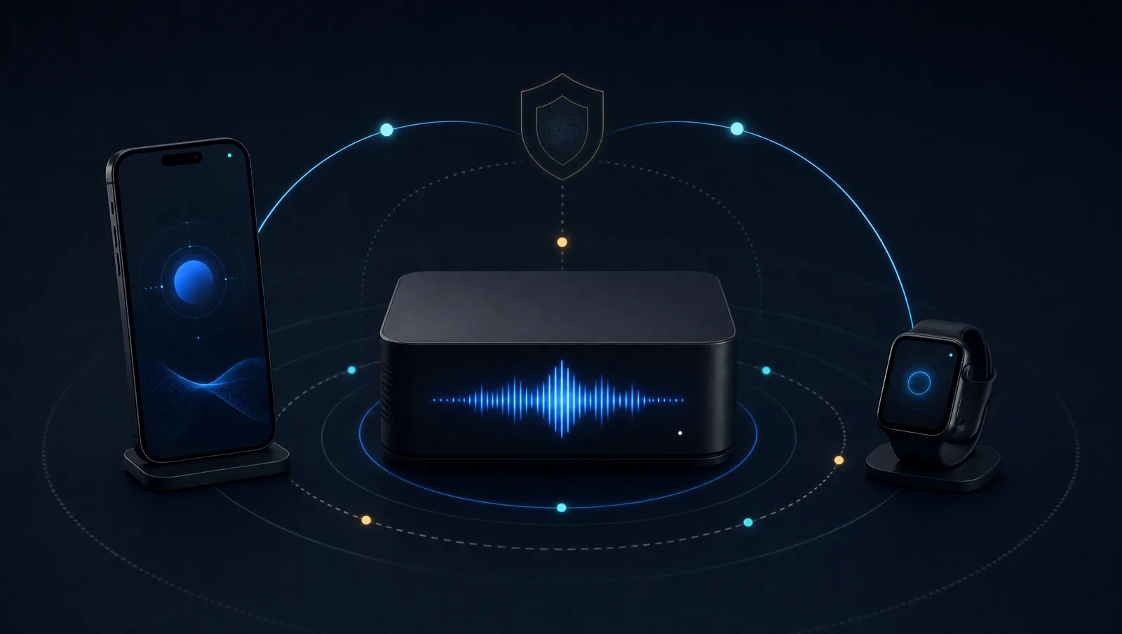 Dark illustration of a VoxRouter desktop hub pairing securely with a phone and smartwatch over a local network.